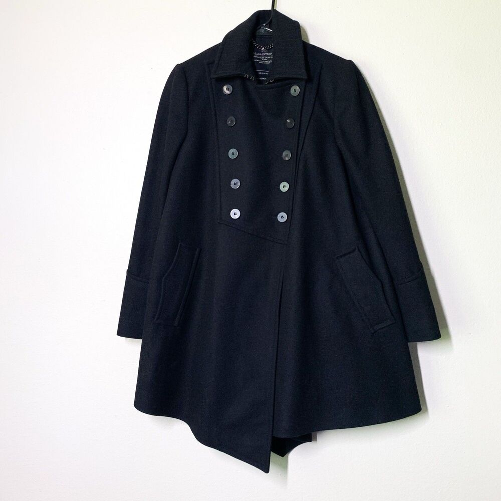 All Saints Shield Monument Coat US 8 Black Wool Blend Double Breasted Military